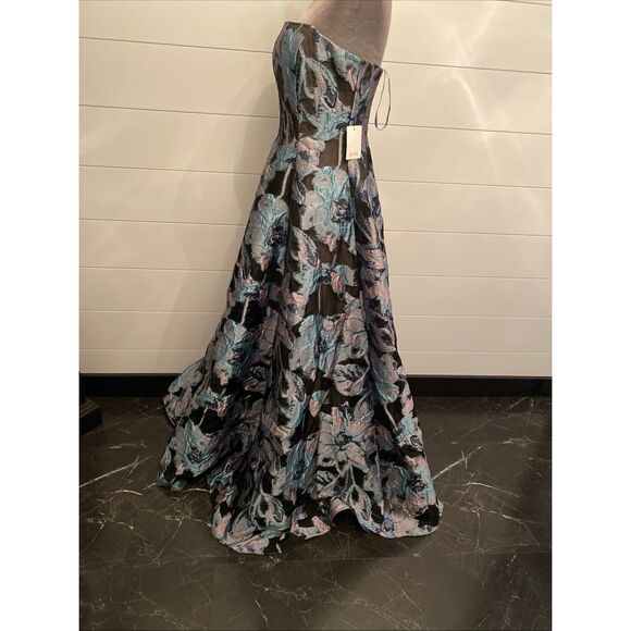 RENE RUIZ Strpless A-line Jacquard Gown With Gathe In Blue Size 10 - Picture 8 of 16